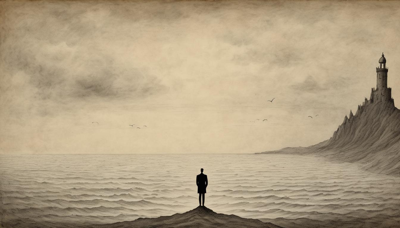  on parchment, surrealism++, person standing at the edge of a vast ocean, horizon blending into the sky, small, shadowy figures on distant shore, contrast of boundless sea to confined land, air of endless opportunity(mysterious, provocative, symbolic)++