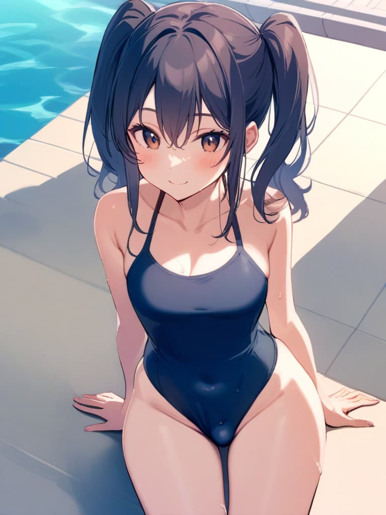  women's elementary students, dark blue swimwear, old swimwear, swimwear, , simple, male bulge, / swelling, shaped clear, , front, cute smile, twin tails, whole body, pool side, poolside,