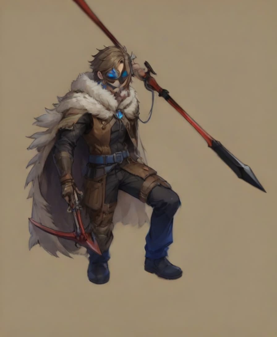  anime artwork pumped man, ford, blue eyes, fur cape, spear, crossbow, . anime style, key visual, vibrant, studio anime, highly detailed, on parchment