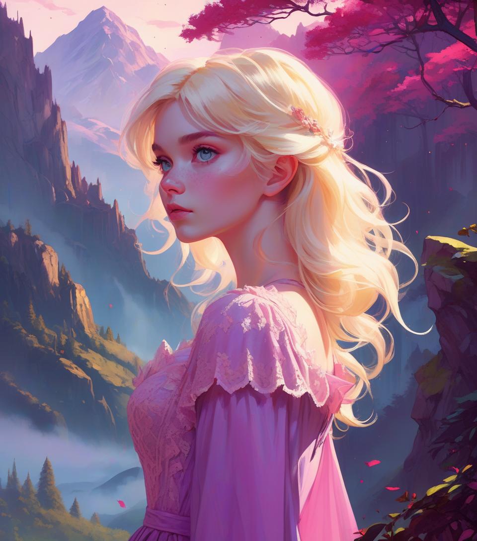  highly detailed fantasy book cover of a pale blonde young maiden looking away, slender, beautiful, freckles, purple pink chaotic magic, intricate gauzy lacy victorian regency gown, bright vibrant detailed expansive backdrop of mountain and forest, elf fae, perfect composition, realistic face, intricate details, frank frazetta, alphonse mucha, character design, dynamic post, action pose, wlop, kuvshinov, unique, 4k, digital painting, vibrant color grading, epic fantasy, dramatic angle, extreme angle shot