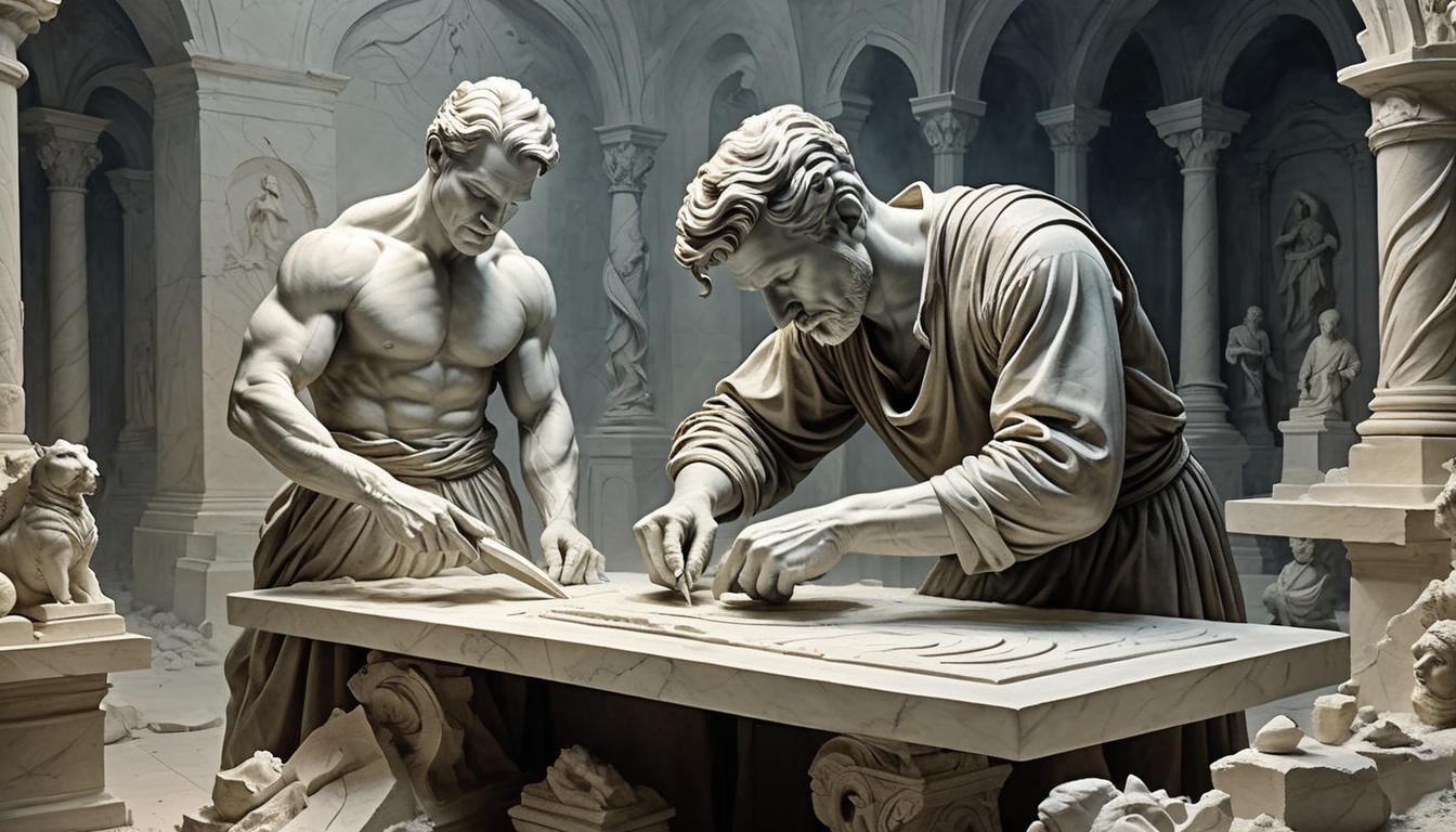  on parchment, surrealism+++, a sculptor chiseling a marble statue, sparks flying, focused expression, backdrop of a dim, mystic workshop, creative, transformative(mysterious, provocative, symbolic,muted color)+++