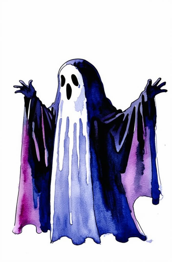  artwork hand drawn watercolor halloween ghost isolated on white background ar 2:3, watercolor techniques, featuring fluid colors, subtle gradients, transparency associated with watercolor art