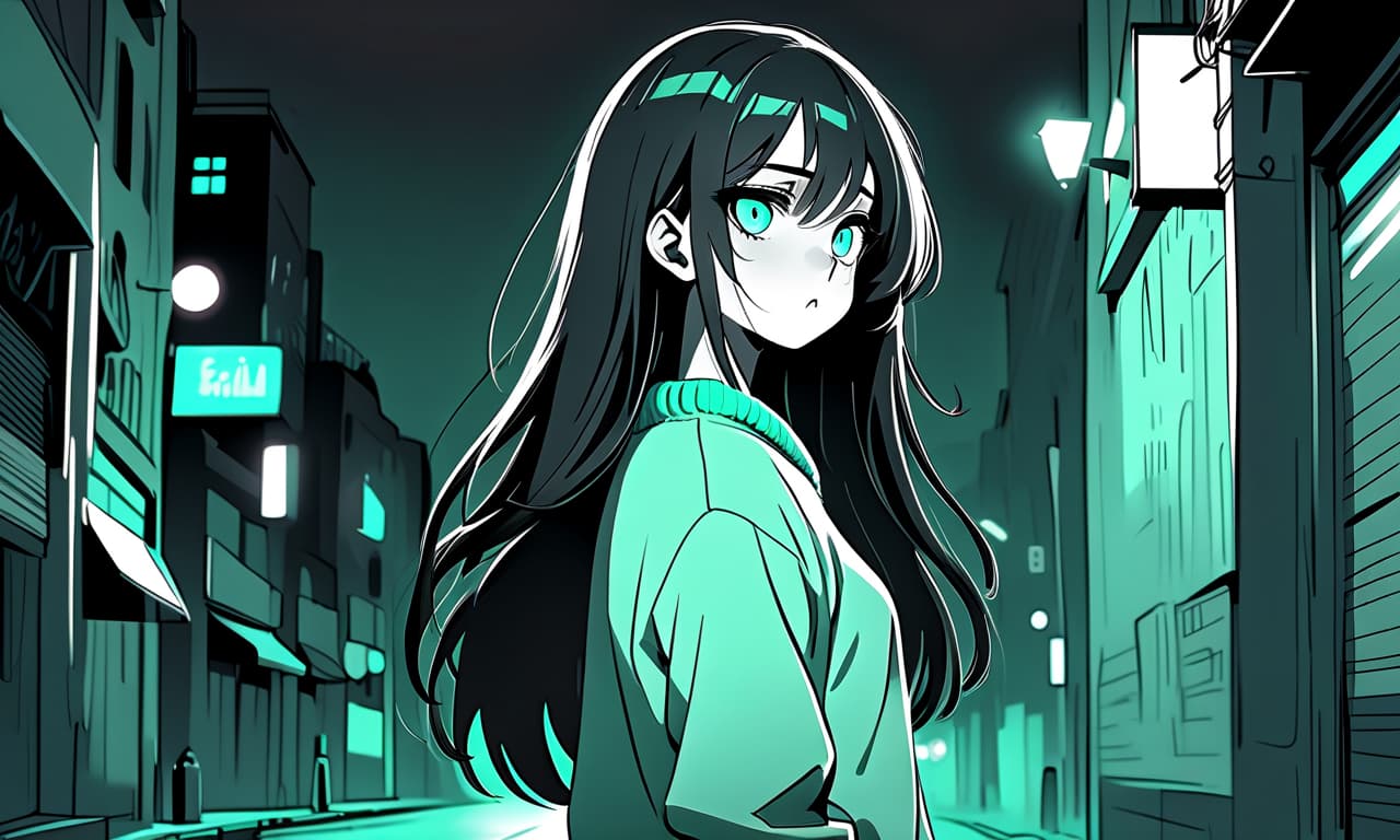  monochrome a girl in anime style with long black hair stands on an empty and night street dressed in a sweater of warm pastel green color and pants. the girl looks into the darkness with black lower eyelids under the eyes full of fear of the unknown and curiosity, and the bright turquoise eyes themselves stand out against the background of everything. the image uses warm and bed tones . black and white, contrast, tone, texture, detailed