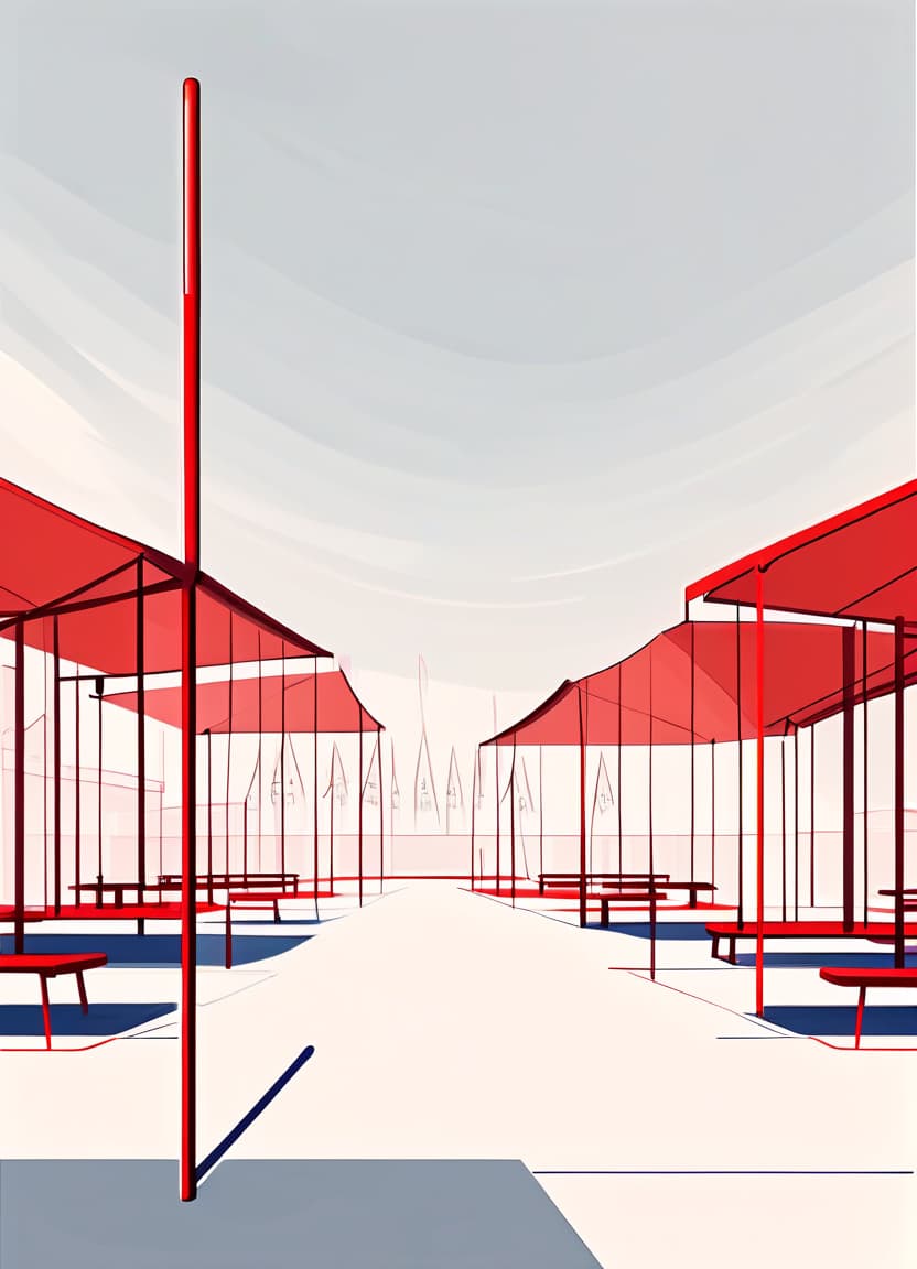  minimalist style children's camp stands on a line in the square with red plazas retro style sketch . simple, clean, uncluttered, modern, elegant