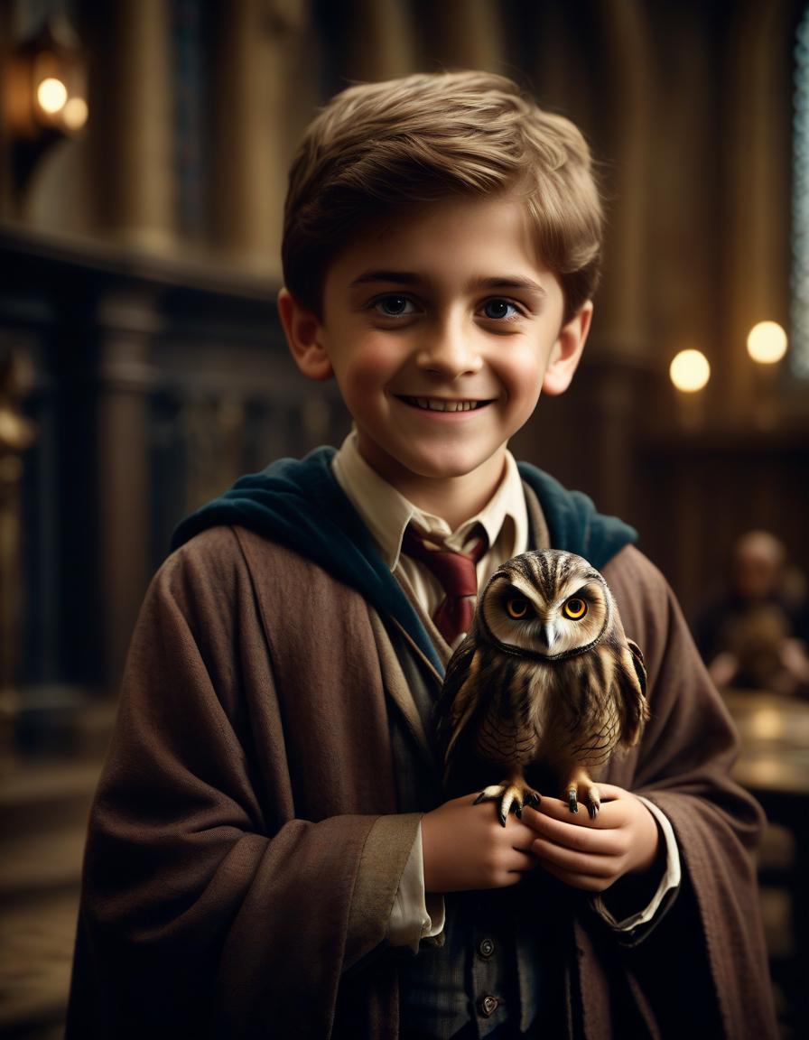  cinematic film still a little boy apprentice at hogwarts with an owl. smiles. . shallow depth of field, vignette, highly detailed, high budget, bokeh, cinemascope, moody, epic, gorgeous, film grain, grainy