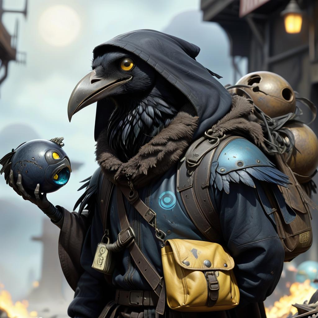  dystopian style black with blue tint avian humanoid race with raven head alchemist, torn cape, mischievous yellow eyes, smiling, rags and leather cloak with lots of pockets, big backpack with pockets, black bowling ball in hand, nuclear explosions and detonation blasts . bleak, post apocalyptic, somber, dramatic, highly detailed, civitai