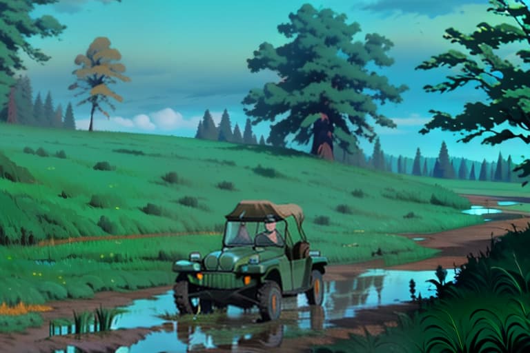  Draw a car UAZ 452 loaf. The car is green, with a khaki color. The car drives on a rural road, surrounded by mud and puddles. Fields and rows of trees can be seen up to the horizon. The weather is clear and sunny. On the blue, bright sky there are thick clouds. The loaf is modified. In front of the car there is a winch. On the car roof there is a trunk on the trunk there are many backpacks. On the side of the car there is a sign "From Cuba Donbass". Behind the wheel of the car Ernesto Che Guevara is smiling. In the foreground, there are flowers of burnet and small birch trees., Graphic novel bold lines dynamic poses speech bubbles Frank Miller Alex Ross Jim Lee Fiona Staples Mike Mignola hyperrealistic, full body, detailed clothing, highly detailed, cinematic lighting, stunningly beautiful, intricate, sharp focus, f/1. 8, 85mm, (centered image composition), (professionally color graded), ((bright soft diffused light)), volumetric fog, trending on instagram, trending on tumblr, HDR 4K, 8K