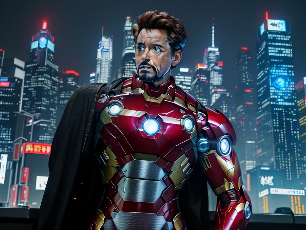  masterpiece, best quality, Best quality, masterpiece, 8k resolution, realistic, highly detailed, close up of Iron Man. In a cyberpunk-style night scene of the city, he stands on a street lined with tall buildings. The city's night lights are bright, The surrounding buildings and streets are filled with cyberpunk elements such as neon lights, high-tech devices, and futuristic architectural designs.