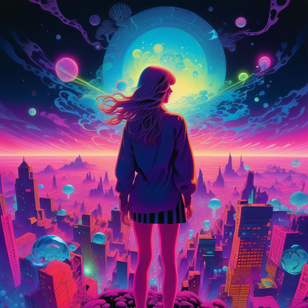  cosmic girl hovers over mythical crystal city, psychedelic waves, synthwave, bright neon colors, highly detailed, cinematic, eyvind earle, tim white, philippe druillet, roger dean, ernst haeckel, lisa frank, aubrey beardsley