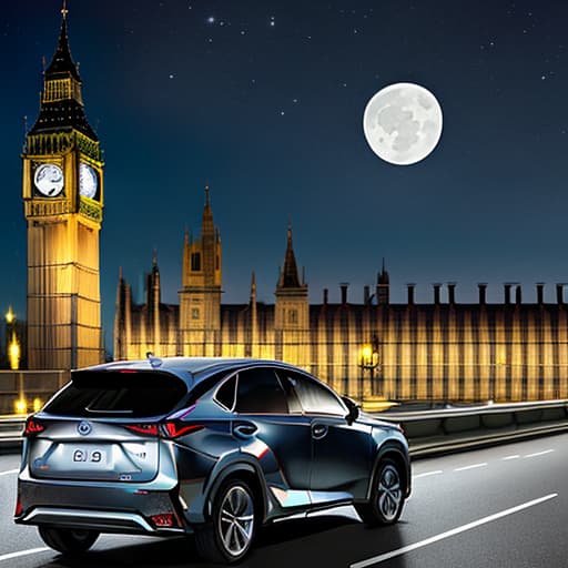  Big Ben at night, a bright moon hanging in the sky, and the rear of a Lexus NX