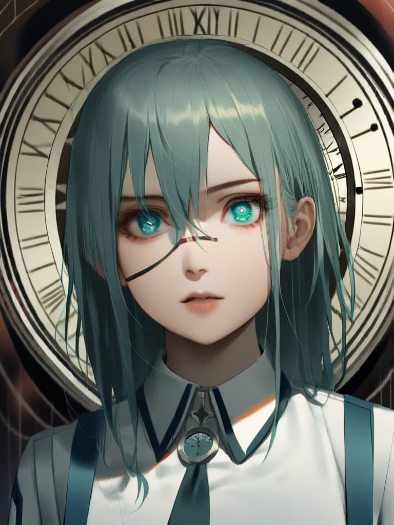  green hair,(((the clock is my eye:2.0))),(((in your eyes the clock is ticking:2.0))),realistic