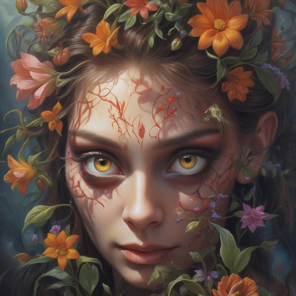  hyperrealistic art beautiful hybrid woman with flowers sprouting from her, oil painting, detailed fiery eyes, ethereal glow, dark and mysterious, high quality, vibrant colors, surreal, haunting, intricate floral details, intense gaze, mystical atmosphere, oil painting, demon, hybrid, fiery eyes, ethereal, vibrant colors, surreal, haunting, floral details, intense gaze, mystical atmosphere . extremely high resolution details, photographic, realism pushed to extreme, fine texture, incredibly lifelike