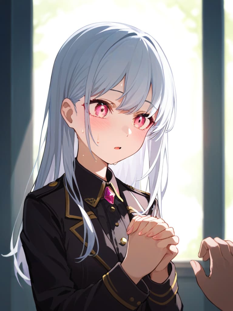  ((white hair,pink eyes,blushing and sweating,confession,confession scene,girl confessing,love,holding hands,shy,uniform,girly,pure,straight hair))、ultra detailed,best shadow,cute and beautiful face,(masterpiece:1.2),(best quality:1.2),detailed background,high contrast,(best illumination,an extremely delicate and beautiful),((cinematic light)),hyper detail,dramatic light,intricate details,8k,anime,very aesthetic