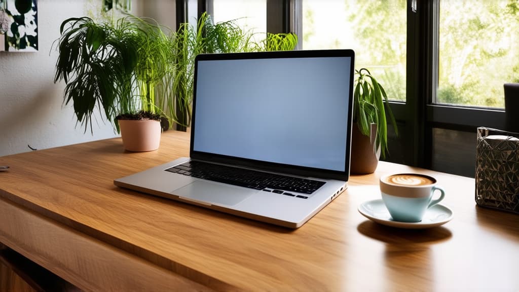  a cozy home office with a laptop on a wooden desk, a steaming cup of coffee beside it, natural light streaming through a large window, minimalistic decor, and green plants adding a touch of freshness ar 16:9 {prompt}, maximum details