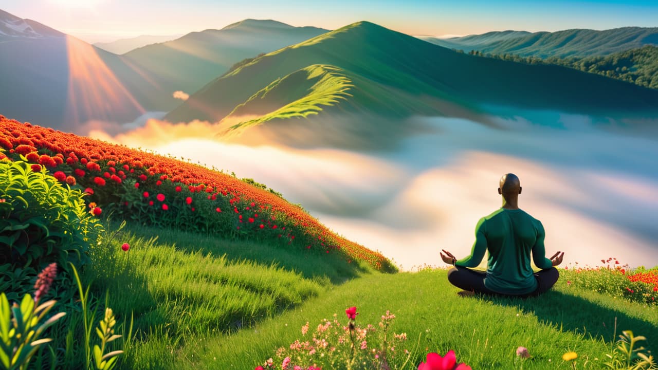  a serene landscape featuring a person meditating in a lush green field, surrounded by vibrant flowers, gentle streams, and a clear blue sky, symbolizing balance, harmony, and inner peace in holistic wellness. hyperrealistic, full body, detailed clothing, highly detailed, cinematic lighting, stunningly beautiful, intricate, sharp focus, f/1. 8, 85mm, (centered image composition), (professionally color graded), ((bright soft diffused light)), volumetric fog, trending on instagram, trending on tumblr, HDR 4K, 8K