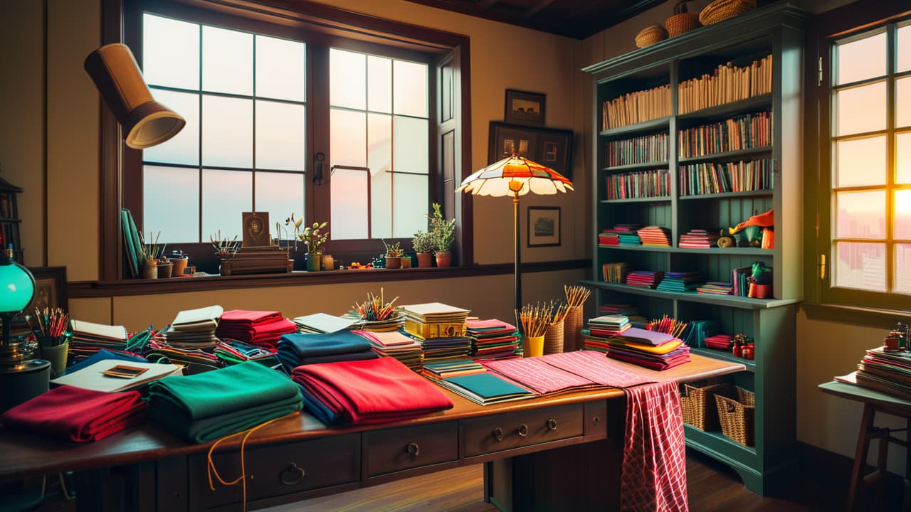  a vibrant workshop scene filled with colorful fabrics, intricate sewing tools, and various cosplay costumes in different stages of creation. soft light filters through a window, casting shadows on a cluttered table of materials. hyperrealistic, full body, detailed clothing, highly detailed, cinematic lighting, stunningly beautiful, intricate, sharp focus, f/1. 8, 85mm, (centered image composition), (professionally color graded), ((bright soft diffused light)), volumetric fog, trending on instagram, trending on tumblr, HDR 4K, 8K