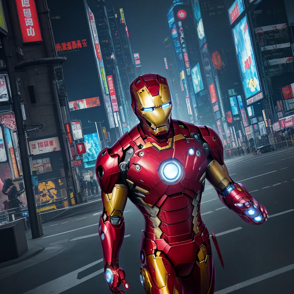  masterpiece, best quality, Best quality, masterpiece, 8k resolution, realistic, highly detailed, close up of Iron Man. In a cyberpunk-style night scene of the city, he stands on a street lined with tall buildings. The city's night lights are bright, The surrounding buildings and streets are filled with cyberpunk elements such as neon lights, high-tech devices, and futuristic architectural designs.