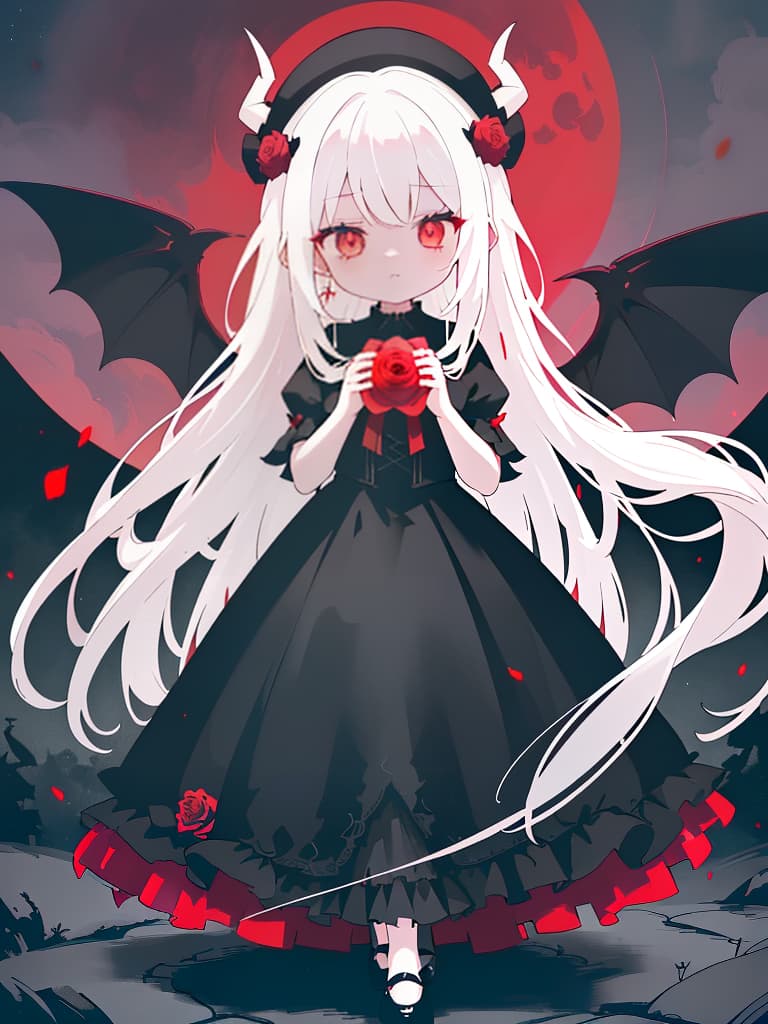  ((red eyes,beautiful girl,white hair,long hair,holding a rose,,cute,devil,devil's wings,devil's horns,lonely expression,red moon,full body,gothic ta,black frills,black dress,black feather headwear))、ultra detailed,best shadow,cute and beautiful face,(masterpiece:1.2),(best quality:1.2),detailed background,high contrast,(best illumination,an extremely delicate and beautiful),((cinematic light)),hyper detail,dramatic light,intricate details,8k,anime,very aesthetic