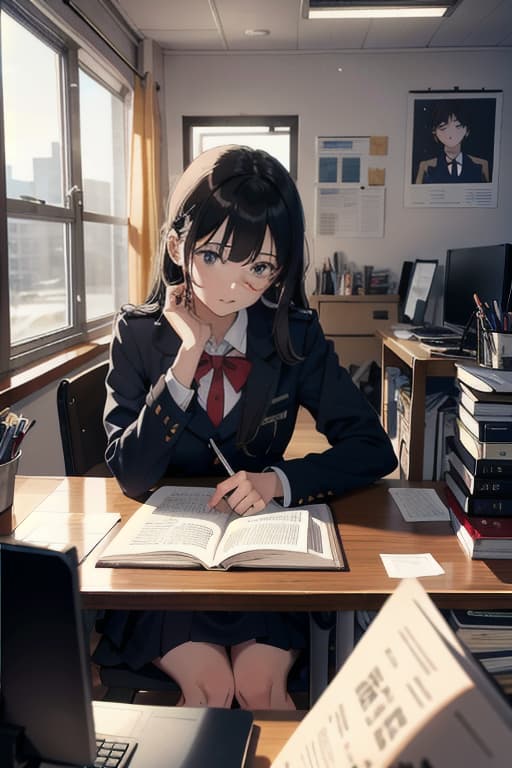  \"a high studying in a clroom. she is wearing a neat uniform, sitting at a desk with books and stationery out. the clroom has large windows letting in natural light, and there are posters on the walls. the has an engaged and focused expression as she writes in her notebook.\", advertising photo,high quality, good proportion, masterpiece , the image is captured with an 8k camera