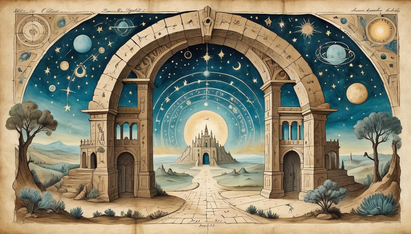  on parchment, surrealism+++, an ancient gateway with symbols, doorway parting to reveal celestial skies filled with constellations, mythical beings and ethereal lights, aura of mystery and discovery(mysterious, provocative, symbolic,muted color)+++