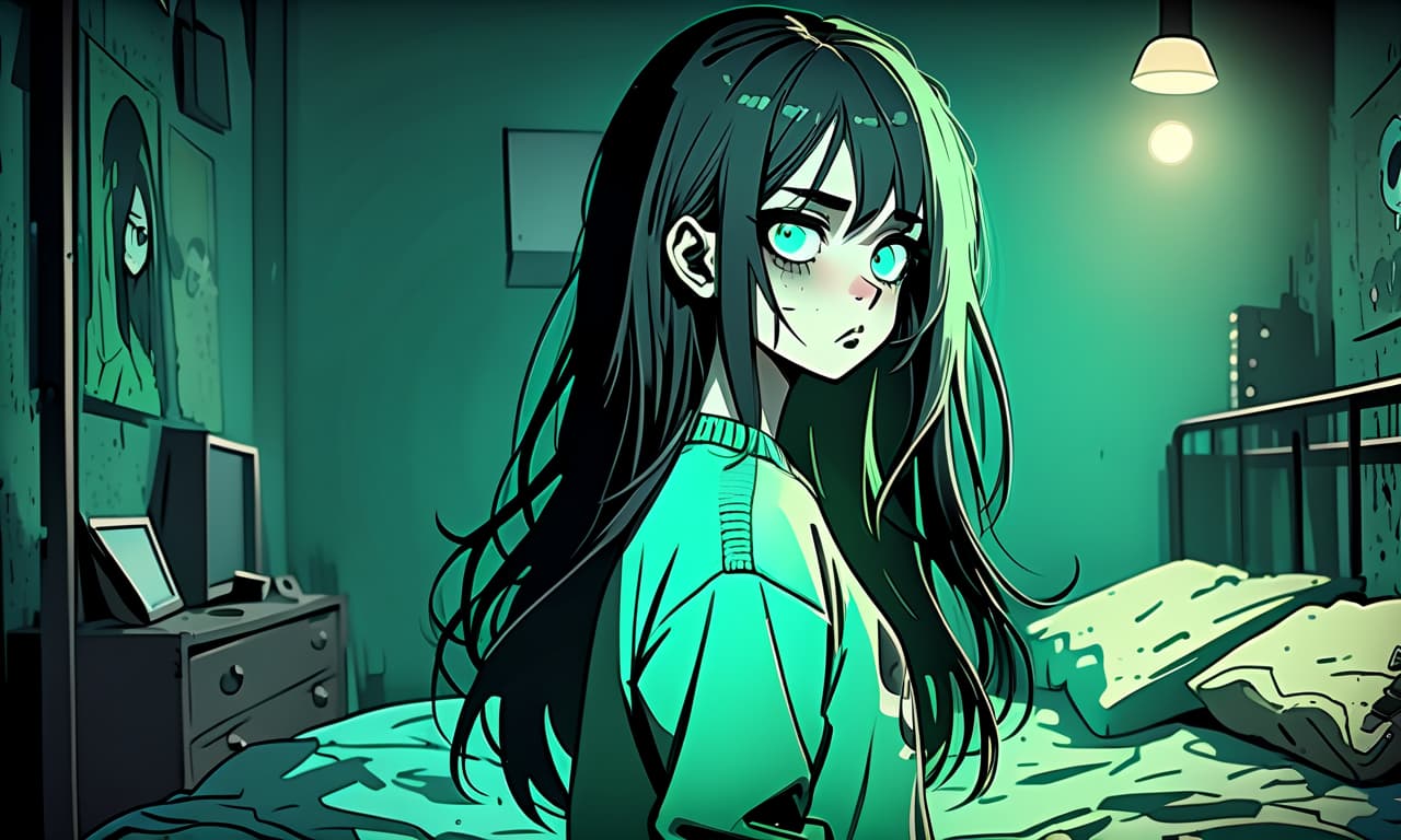  grunge style a girl in anime style with long black hair stands in the dark dressed in a sweater of warm pastel green color and pants. the girl looks into the darkness with black lower eyelids under the eyes full of fear of the unknown and curiosity, and the bright turquoise eyes themselves stand out against the background of everything. the image uses warm and bed tones . textured, distressed, vintage, edgy, punk rock vibe, dirty, noisy