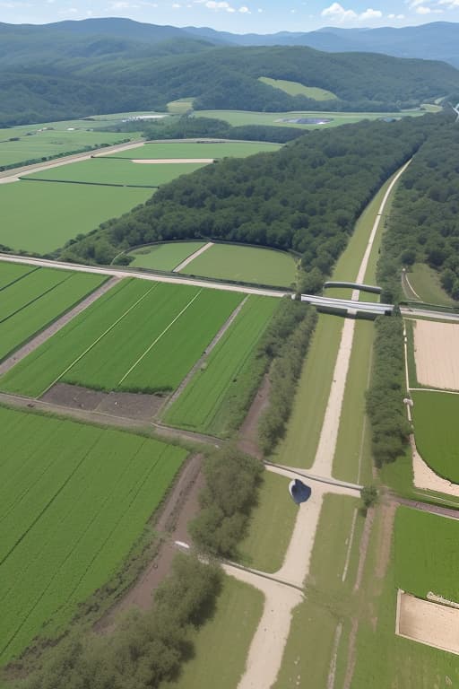  an advanced, harmonious scene of rural development with a large dam in the background, surrounded by lush forests, sustainable agriculture fields, and smart irrigation systems powered by solar panels. farmers are seen using digital devices like tablets to monitor water levels and manage crops. in the background, satellites and drones fly overhead, capturing data for environmental monitoring, while iot sensors are installed near the dam and in the fields. there is collaboration between farmers, government officials, and private sector representatives, symbolizing a strong partnership for water and land management. the environment reflects balance, technology, and nature, under a bright sky, advertising photo,high quality, good proportion, m