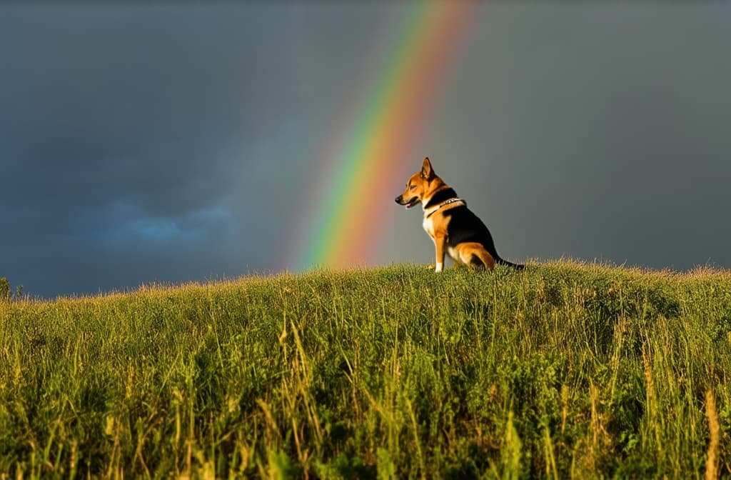  cinematic film style, a photo from the back of a dog standing on a hill against the background of a rainbow over a field ar 3:2, shallow depth of field, vignette, maximum details, high budget hollywood movie, bokeh, cinemascope, moody, epic, gorgeous, sun rays and shadows on furniture and surfaces, flattering light, raw photo, photography, photorealistic, 8k resolution, f1.4, sharpened focus, sharp focus