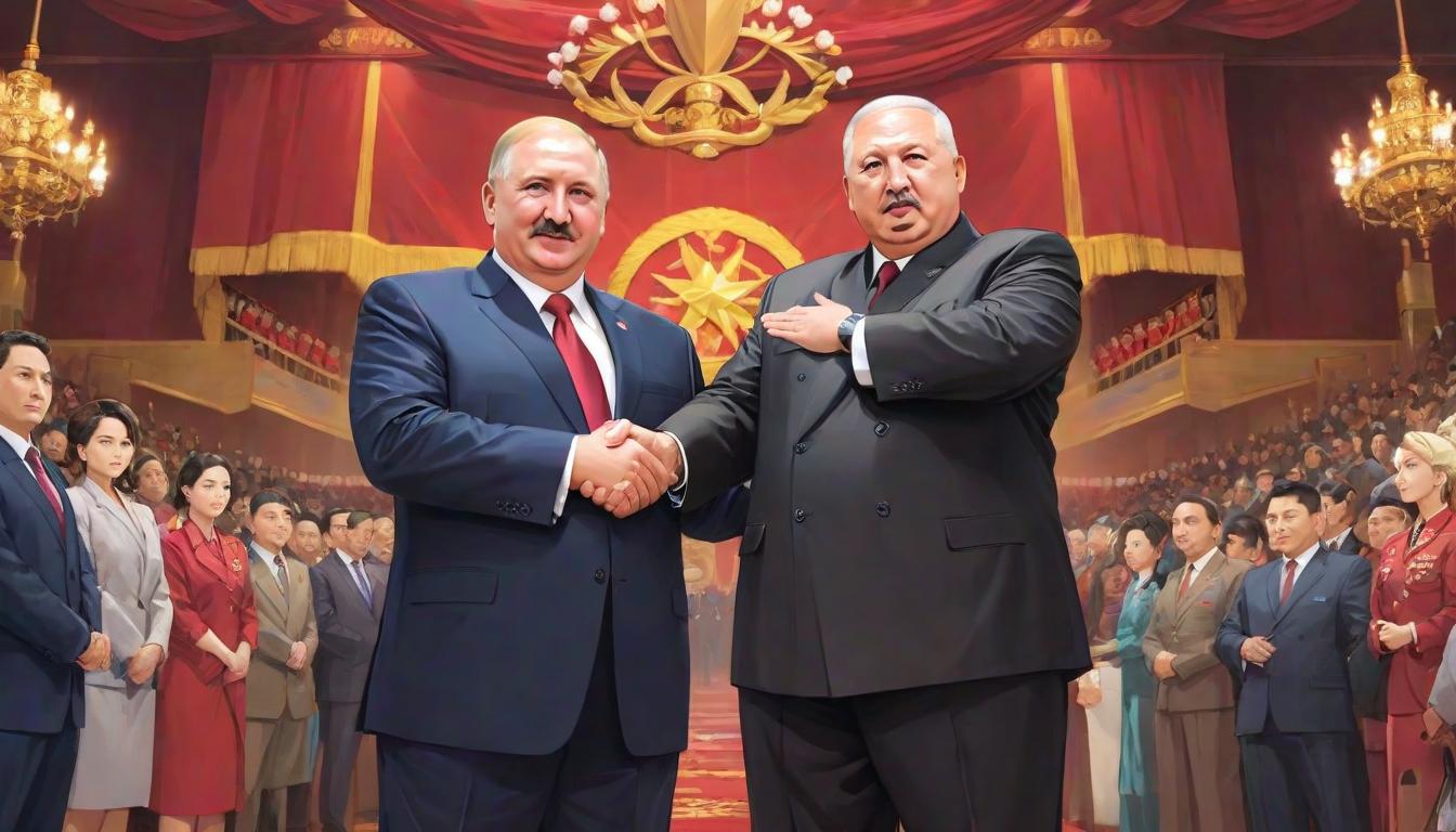  anime artwork two presidents greetings, alexander lukashenko, kim jong un . anime style, key visual, vibrant, studio anime, highly detailed