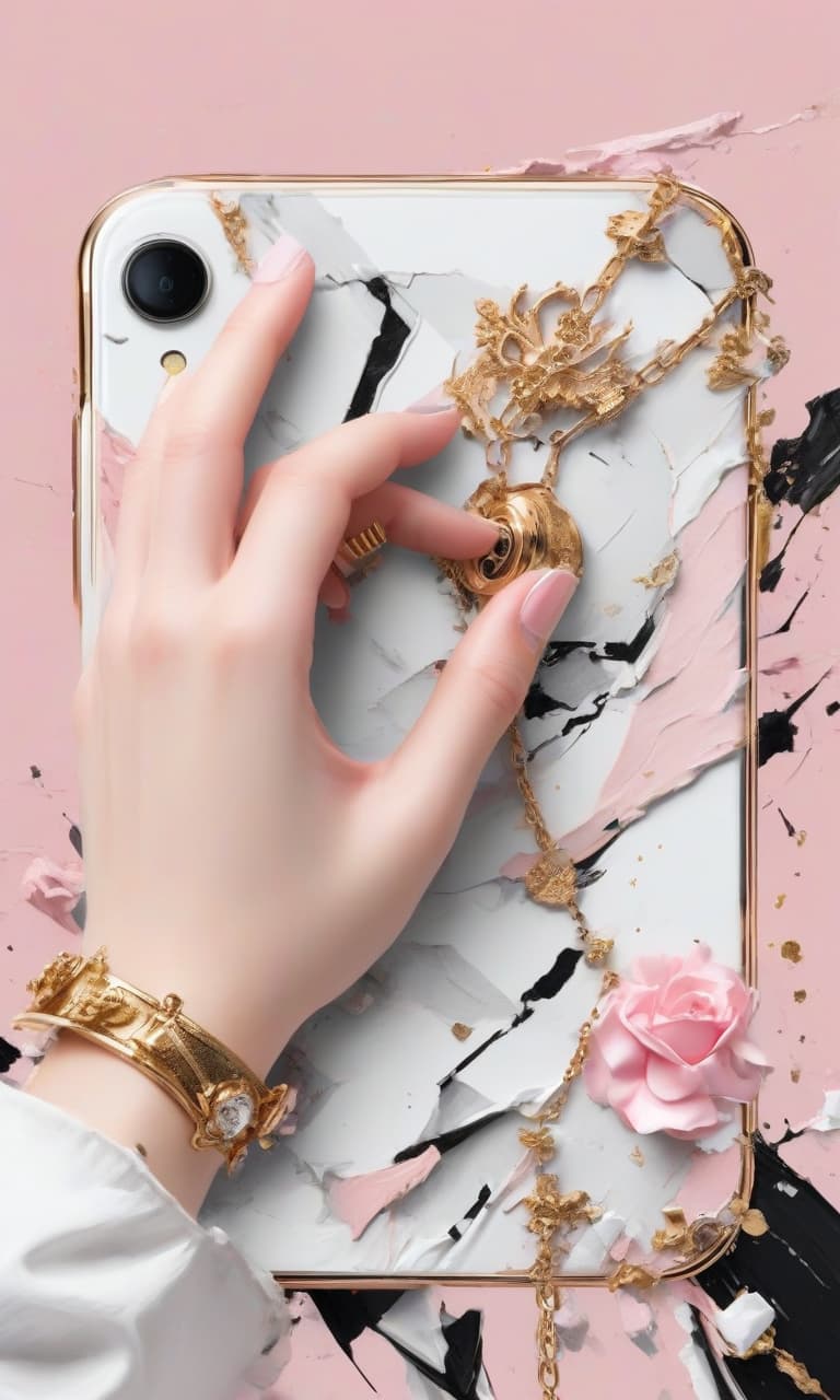  concept art color pink, white, black, gold hand holding the phone broken . digital artwork, illustrative, painterly, matte painting, highly detailed, perfect hands