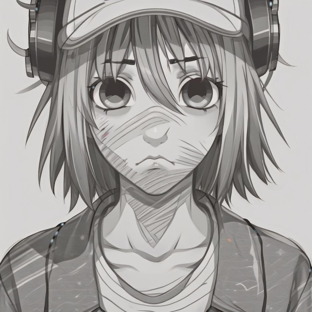  a mascot for an artist who makes depressing songs about tough stages of life. detailed dark gray eyes. dark gray short hair. sad face expression