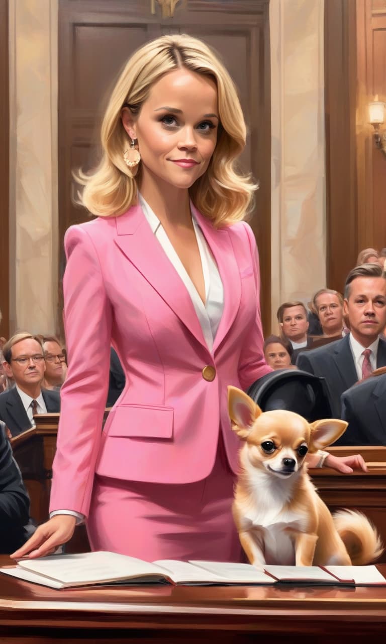  concept art color pink, white, black, gold courtroom reese witherspoon to the waist in a pink suit speaks to the judge in her arms is a chihuahua hua dog . digital artwork, illustrative, painterly, matte painting, highly detailed, perfect hands