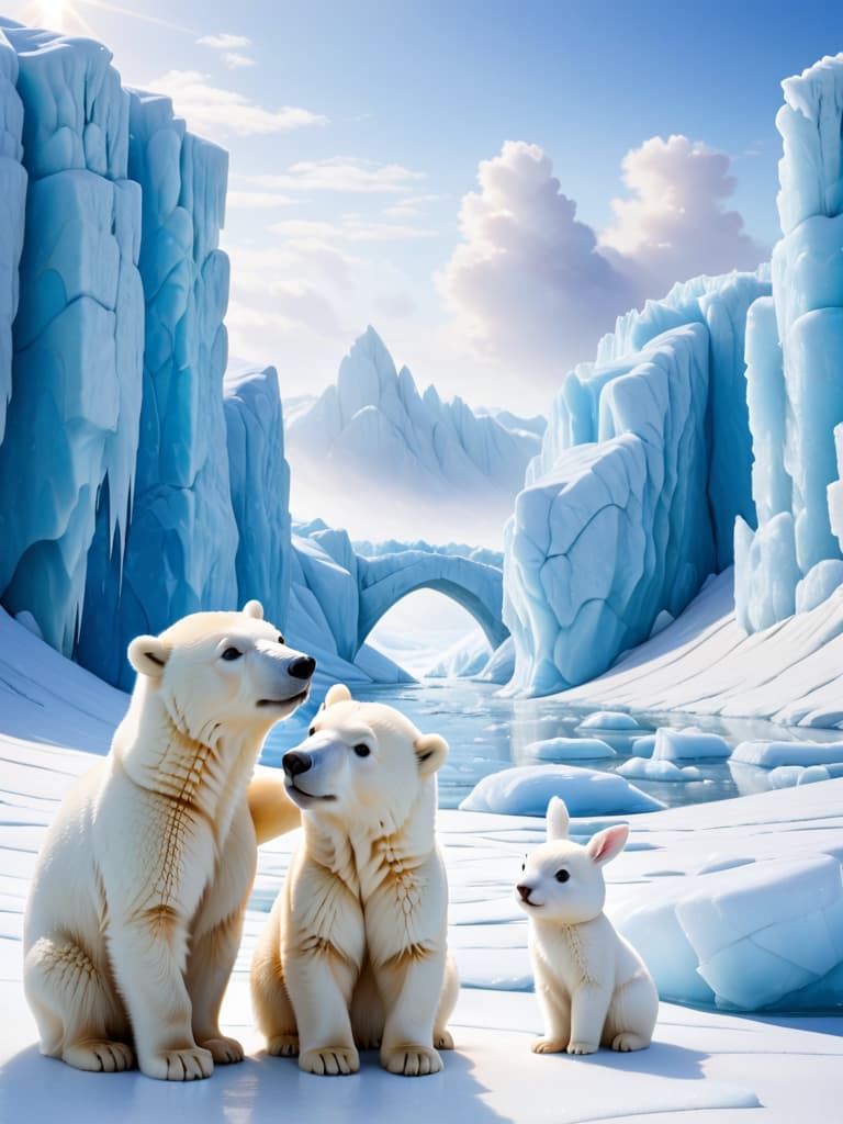  little polar bears touch white rabbits with their noses to comfort them. the background is a vast world of ice and ice