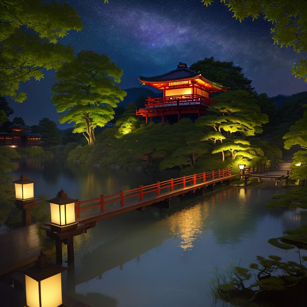  masterpiece, best quality, (Fidelity: 1.4), Best Quality, Masterpiece, Ultra High Resolution, 8k resolution, A night view inspired by Japanese art, featuring a garden illuminated by paper lanterns and a wooden bridge spanning a tranquil lake, by the lakeside, there is a small Zen temple. The water reflects the starry sky.