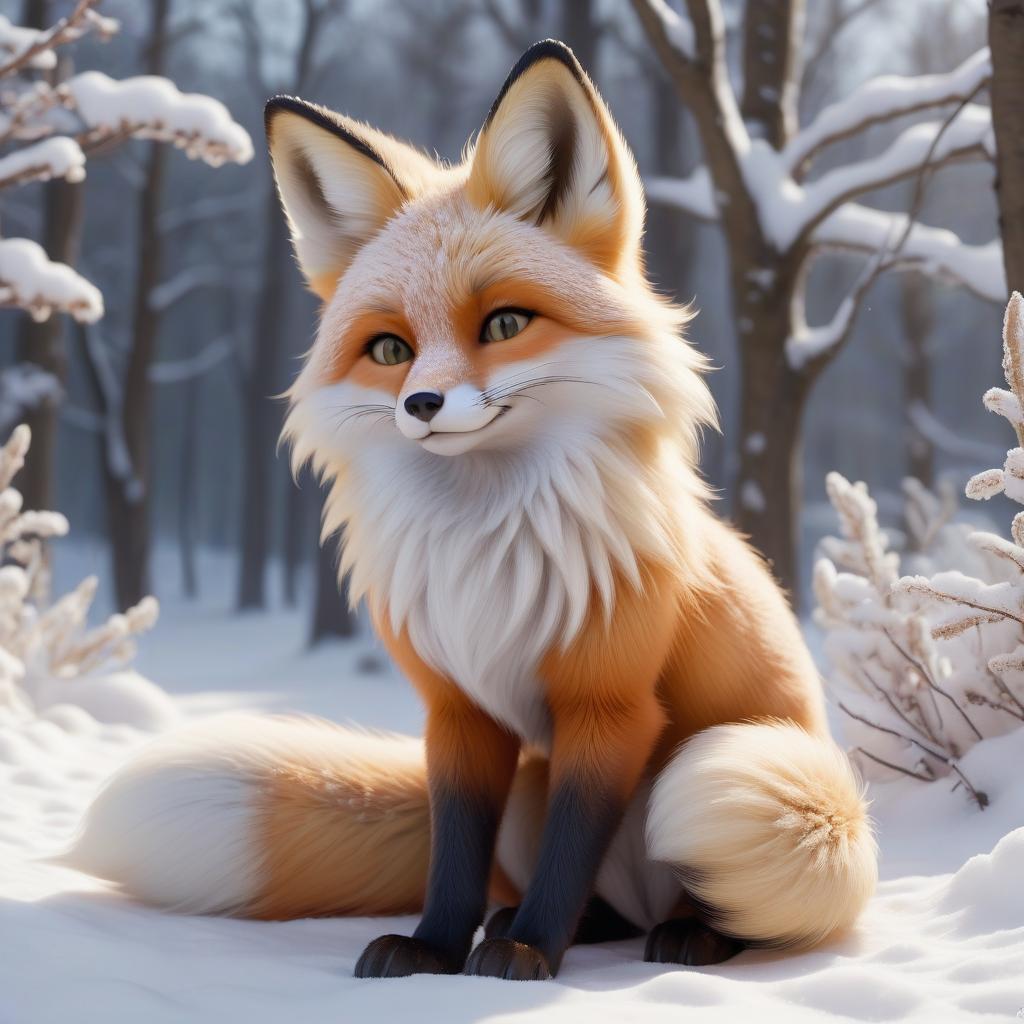  short stature, a, furry, fox, , with large fluffy ears, and a large, fluffy tail growing from the tailbone, full height, pale skinned, with short hair, blonde, and giant s, with a waist, and a giant , , in winter, lying in the snow, in an pose