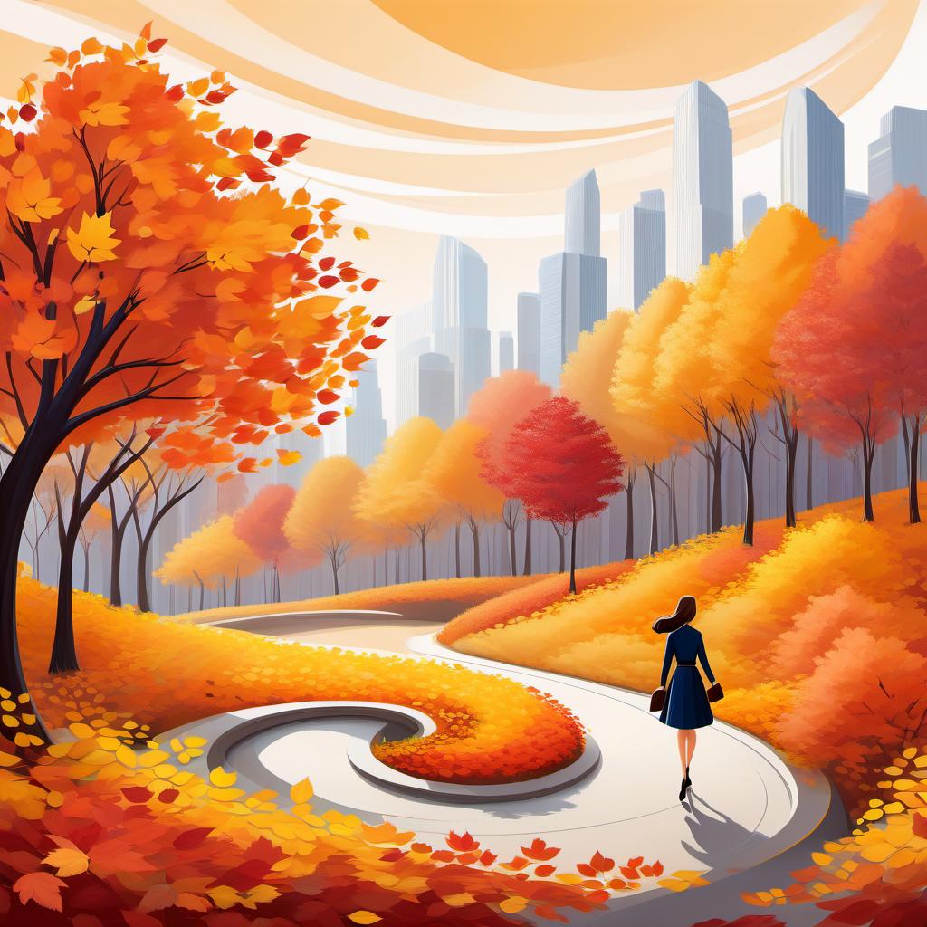  corporate nding style a cartoon style painting. a girl walks towards us through a swirl of autumn foliage. . professional, clean, modern, sleek, minimalist, business oriented, highly detailed