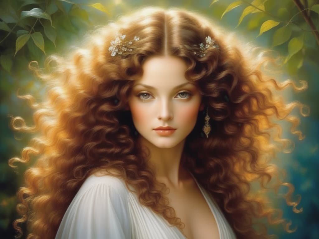  naturally beautiful ethereal devoted woman with dazzling curly hair, she is highly compasionate and conscious, leonardo da vinci style ambience and lighting