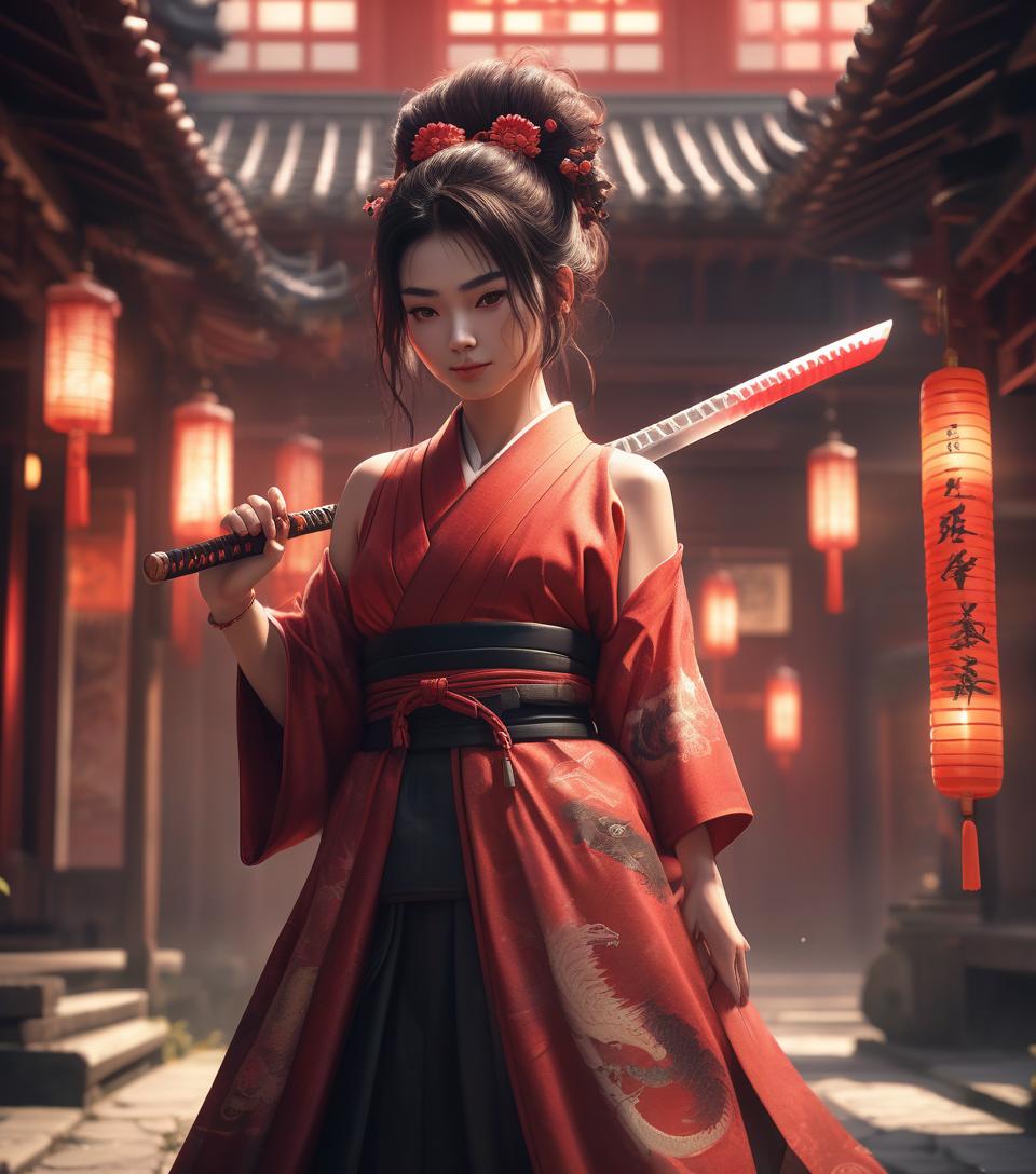  concept art 8k uhd, dslr,film grain, fujifilm xt3,(best quality:1.3), (masterpiece:1.1), high resolution, cinematic light, intricate details, (photorealistic) (night scene) a realistic backlight dramatic red tone light photography full body of a beautiful japanese geisha girl,looking forward ((facial texture pore detail)), grin demonic smile, simple messy hairdo, wearing satin black kimono with traditional dragon motif, open shoulder, full body colourful dragon tattoo, holding long katana blade, inside traditional villa, 8k, bokeh foreground . digital artwork, illustrative, painterly, matte painting, highly detailed