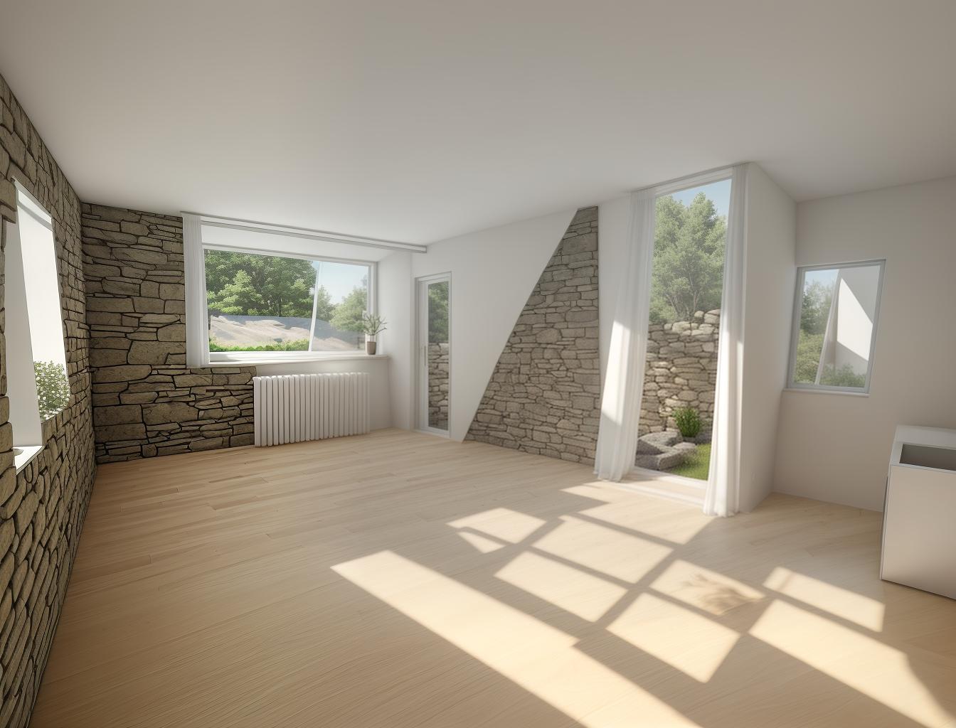  create a photorealistic image of a minimalist room with a stone wall and a large window. the stone wall should add texture and depth to the clean, modern design, while the window brings in natural light, enhancing the room's airy feel.