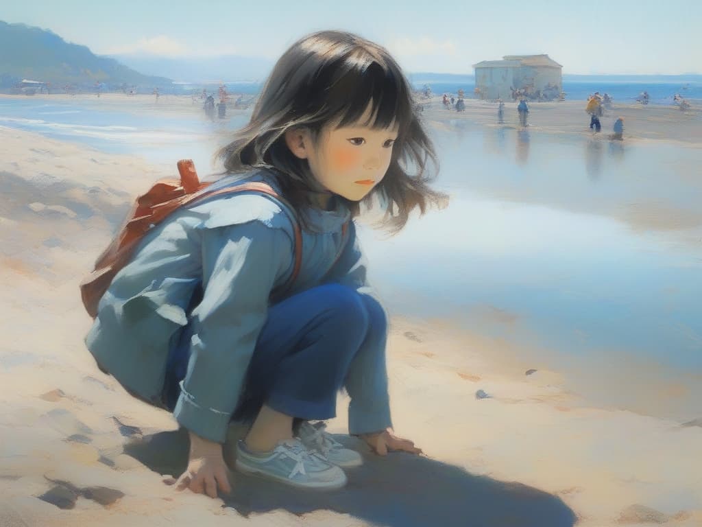  asahi, dim, sea, beach, little girl, crouching