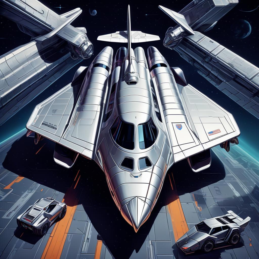  retro game art the space shuttle looks like a lamborghini countach, silver color, in the styles of futurism, dieselpunk and steampunk. . 16 bit, vibrant colors, pixelated, nostalgic, charming, fun