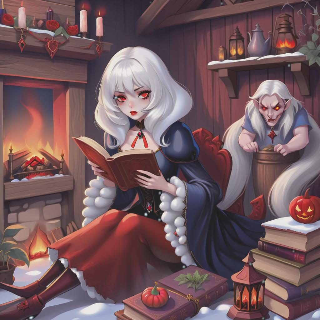  the vampire witch. red eyes, snow white hair. beautiful. sitting by the fireplace of a small wooden house filled with various wonders and strange herbs. books. the number of books was astounding