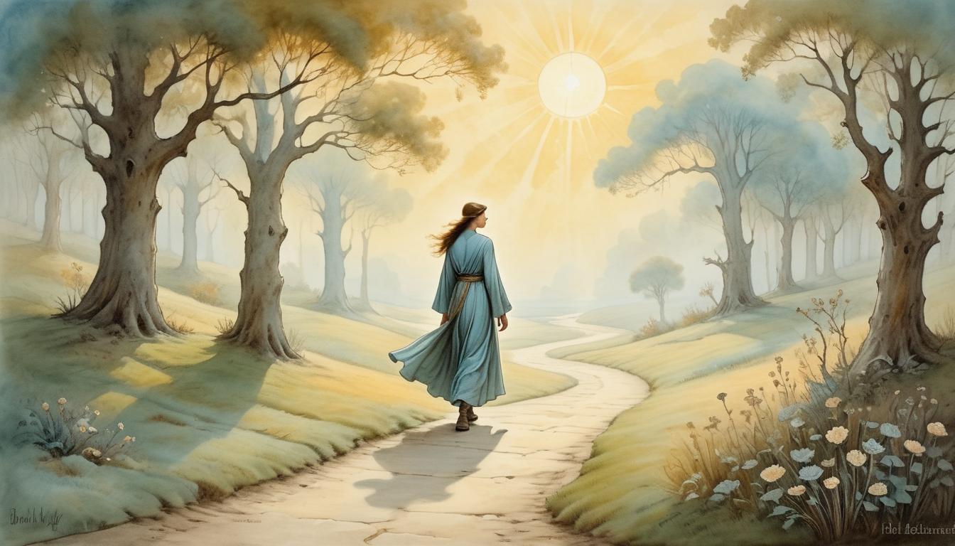  on parchment, surrealism+++, peaceful figure walking on a sunlit path, serene expression, enveloped in a soft glow, victorious stance, tranquil surroundings(mysterious, provocative, symbolic,muted color)+++