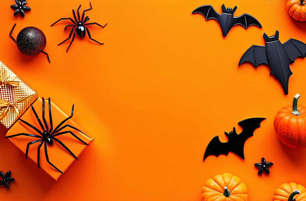  happy halloween holiday greeting card background. flat lay gift boxes, set of halloween symbols spiders, bats, pumpkin, party decorations on orange background ar 3:2 {prompt}, maximum details