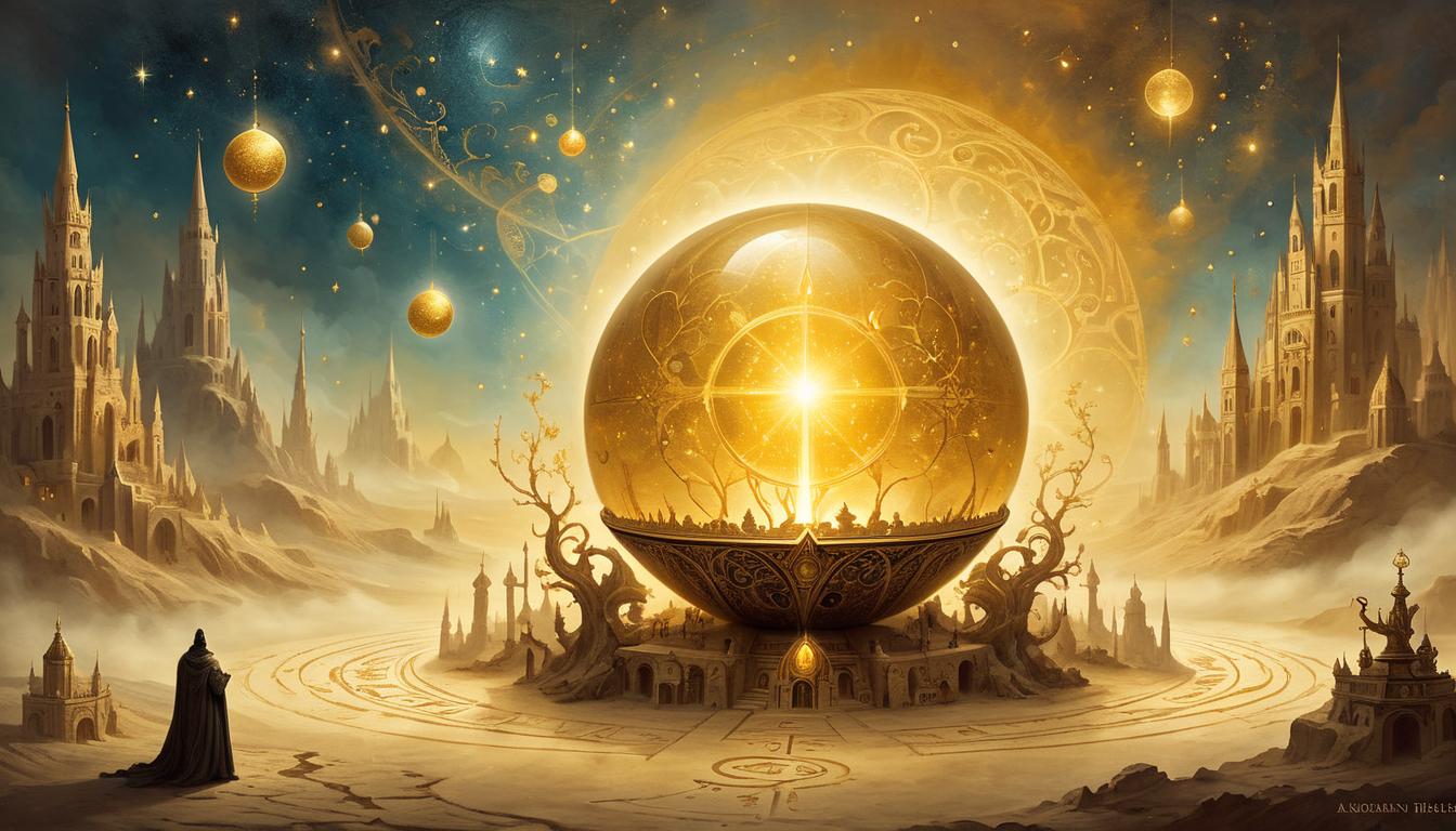  on parchment, surrealism+++, a radiant, glowing orb casting a warm, golden light, surrounded by intricate, shimmering particles, powerful, indomitable(mysterious, provocative, symbolic,muted color)+++