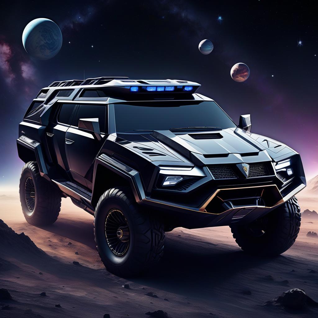  space themed retro futuristic, black, brutal suv, reminiscent of the lamborghini lm 002 . cosmic, celestial, stars, galaxies, nebulas, planets, science fiction, highly detailed