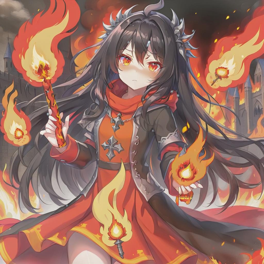  anime artwork girl covered with fire, bright red skin, black long hair, orange eyes, medieval clothes . anime style, key visual, vibrant, studio anime, highly detailed