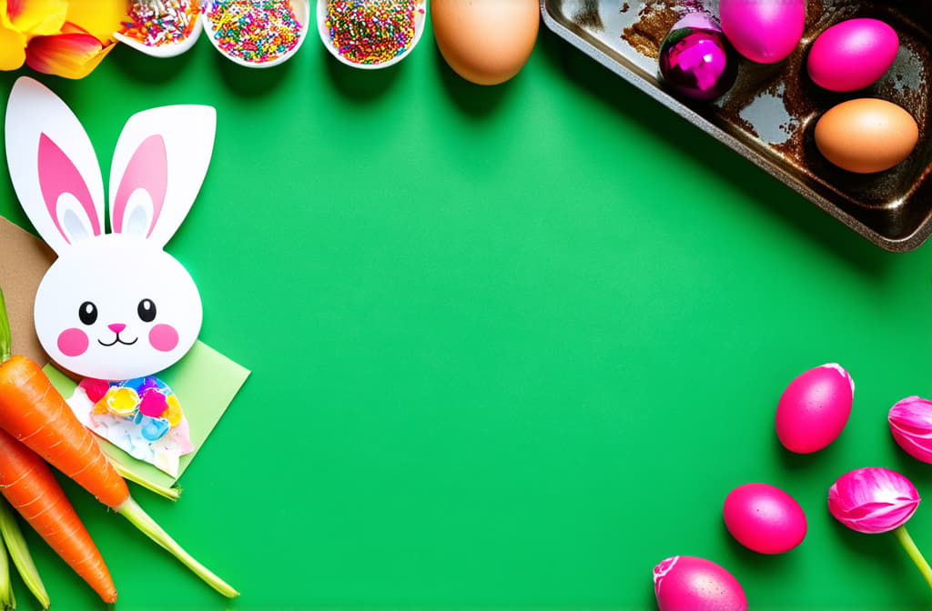  festive easter preparation displaying vertical top view letter to bunny, assorted eggs, cookware, carrot, sprinkle toppings, tulips set against green background, with empty space for text or publicity ar 3:2 {prompt}, maximum details