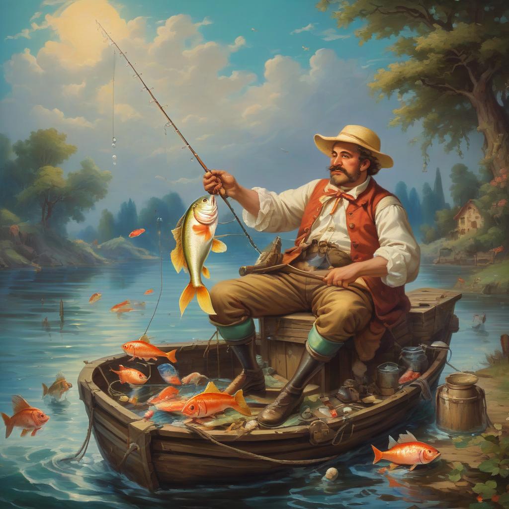  retro game art rococo, oil, canvas, high quality image, fisherman catching fish . 16 bit, vibrant colors, pixelated, nostalgic, charming, fun