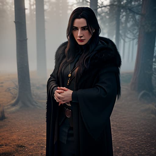  A man with black straight greasy hair to the shoulders in a black cloak and surcoat, and a girl Hermione Granger with curly hair in jeans and a coat in a winter forest by the lake. (The original Russian prompt seems to be about a scene or description in the Harry Potter universe.), (3d render:1.25), realistic, dark, epic, (detailed:1.22), textured hyperrealistic, full body, detailed clothing, highly detailed, cinematic lighting, stunningly beautiful, intricate, sharp focus, f/1. 8, 85mm, (centered image composition), (professionally color graded), ((bright soft diffused light)), volumetric fog, trending on instagram, trending on tumblr, HDR 4K, 8K