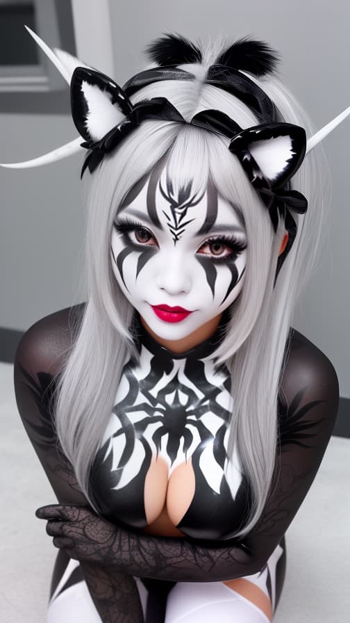  Black and White Spider-patterned body paint in every corner of the whole body, full-body, White body paint,Silver face paint on the face,Two succubuses 女の子